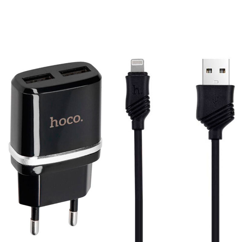 Сетевое зарядное устройство Hoco C12 2USB + кабель лайтинг (2.4A) черный