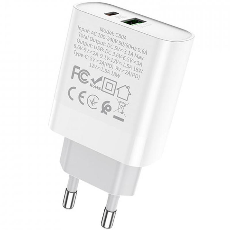 Сетевое зарядное устройство USB + Type-C Hoco C80A 20W QC3.0