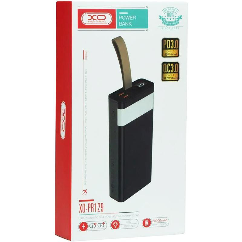 Повербанк XO PR129 20000 mAh (PD20W + USB QC 22.5W) с фонариком