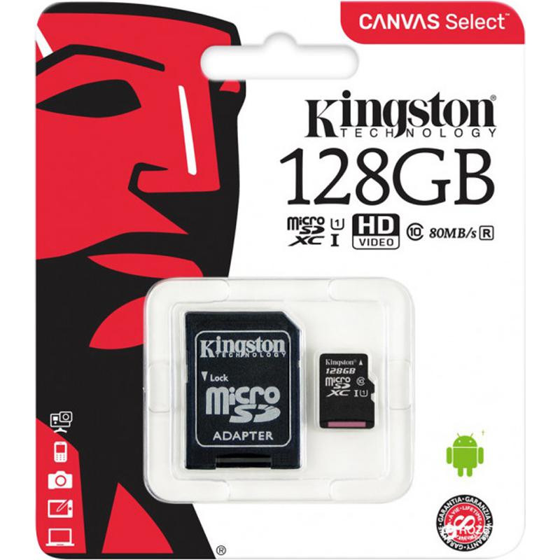 Карта пам'яті microSDXC 128Gb KIngston Canvas Select Plus A1 (UHS-1) (R-100Mb/s) + Adapter SD